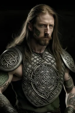 clean shaven middle aged long haired celtic symbol decorated armored celtic warrior