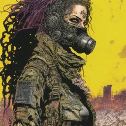 front facing full length portrait illustration of a grunge armored female with beaded dreadlock hair cyberpunk vampire mercenary with gas mask, telecommunications headset, and shemagh, highly detailed with gritty post apocalyptic textures, toxic irradiated landscape, finely detailed facial features and hair, in the graphic novel style of Bill Sienkiewicz, and Jean Giraud Moebius, with elements of collage, mimeograph, and pen and ink, realistic light and shadow