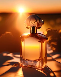 generate me an aesthetic photo of perfumes for Perfume Bottles Amidst Golden Hour Light