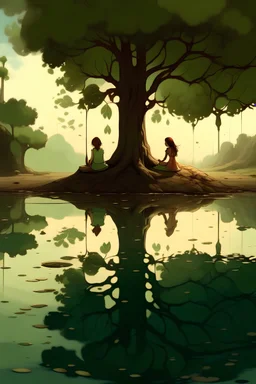 Flora sits alone under a large tree, tears welling up in her eyes as she looks at her reflection in a puddle.