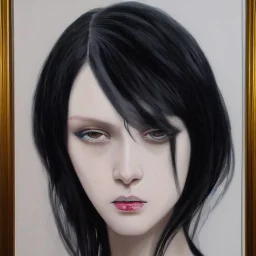 a painting of a woman with long black hair,an oil painting, painted by addition of overlapping layers of color,painting by Fumi Koike, glazing technique, hyper realistic painted long black hair ,very pale skin, intricate precise detail, inspired by Kris Knight, figurative art, in yoji shinkawa's art style, annoyed expression, looking directly at us,