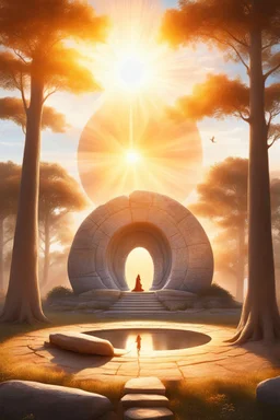 Un magnifique dolmen des fées entoure d' arbres en cercle , un être extraterrestre s' avance près d' une belle jeune femme assise dur une pierre , grand soleil belle lumière dorée
