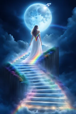 fantastic,Beautiful woman, stairway to heaven whit rainbow, ufos