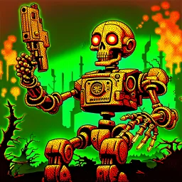 90's TCG art retro fantasy art of rusted skeleton robot with laser gun