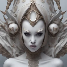a close up of a person wearing a mask, digital art, inspired by Hedi Xandt, zbrush central contest winner, fantasy art, natalie shau tom a close up of a person wearing a mask, nekro, three futuristic princes, beauty portrait, by Emma Geary, symmetry features, face of a pale alien cultist, elaborate jewelry, style of james jean, woman vampire, anthropomorphic female, an elf queen, ukrainian girl, shot with Sony Alpha a9 Il and Sony FE 200-600mm f/5.6-6.3 G OSS lens, natural light, hyper realistic