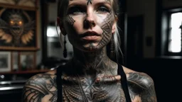 Woman Body: torn Skin: heavily tattooed Extremities: emaciated Face: wrinkled Hair: oily Eyes: hazel Nose: straight Mouth: small lower lips Height: towering Supernatural trait: wings