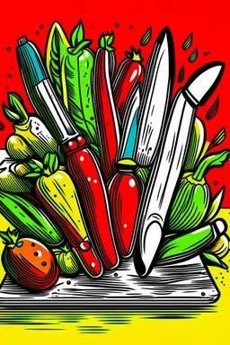 A close-up of a wooden cutting board with a variety of colorful kitchen knives. A bunch of fresh cherry tomatoes and a sprig of basil are scattered around. Style: Pop Art, Mood: Bold, Lighting: Bright, contrasting colors, T-shirt design graphic, vector, contour, white background.