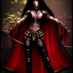 Ultra realistic, beautiful woman, long hair, 8-pack abs, black robe, evil, long nails, dark red and gold leather armour, magic, hung