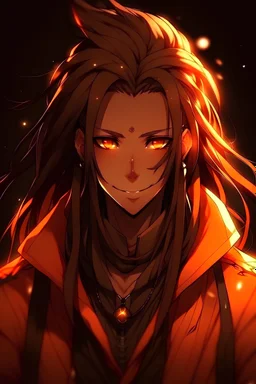 Anime male, age 22, long thick dreadlocks doing down past neck length, orange highlights in hair, dark brown natural hair color, black and orange zip up jacket, deep orange eyes, lean slim muscular body, cybernetic features on face, glowing orange cybernetic features in hair, relaxed smile