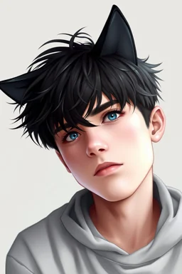 A young man with messy black hair, black cat ears on his head, blue eyes.