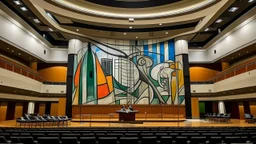 An auditorium in a big city with jazz instruments painted by Pablo Picasso