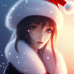 girl, Christmas hat on head, looking forward, anime art, cold weather, gray furry clothes,anime key visual of elegant young female