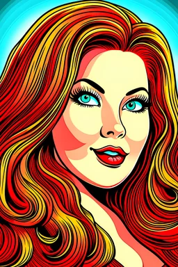 cartoon of beautiful slightly chubby woman with long red hair, red lips and smoky eyes