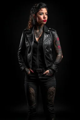 full body portrait of a fit woman with chest tattooed extremely muscular body in expensive designer leather jacket