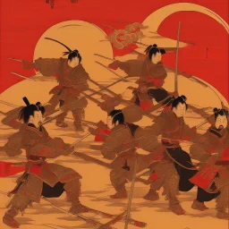 Single human Samurai Japanese Ukiyo-e, red sun in the background