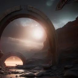 stargate, saturn landscape highly detailed, cinematic, ultra photorealistic, ultra realistic, volumetric lighting, gloomy, night sky, lush