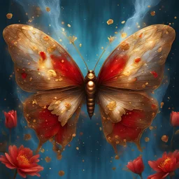 Alchemist's Water Butterfly wings of shimmering bronze and gold with bright red patches hovering over a flower made of water and gold