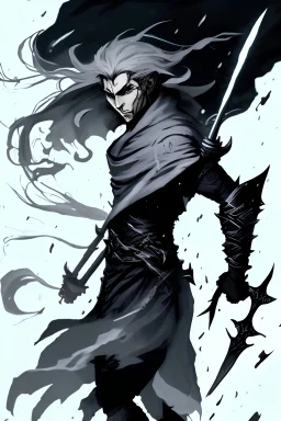 elf, male, with flowing grey robes, no armor, with two sabres, in the field, with a storm overhead, dynamic pose, darkest dungeon style, black and white