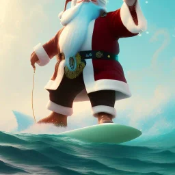 Santa standing of surfboard surfing a big wave, surfboard, beach, character design by cory loftis, fenghua zhong, ryohei hase, ismail inceoglu and ruan jia. unreal engine 5, artistic lighting, highly detailed, photorealistic, fantasy