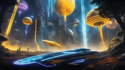 hyper realistic, tron legacy movie, matrix universe, creatures,, space ships, city of the future, trees , forest, yellow, blue, purple, orange, space, planets, god creations