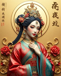 Neo Surrealism fullbody Beautiful Chinese Princess Woman Luxury Traditional silk shiny Metal Crafts colors High Details embossing 5D pop out,luxury fully china philosophy title text background