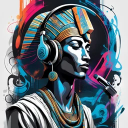 Illustrative sketch of Pharaoh Akhenaten in music with headphones, contrasting colors, full body, ultra quality, hyper detailed, graffiti, concept art, maximalism, 8k