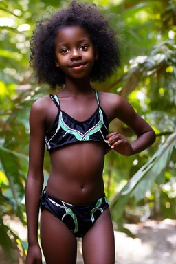 young natural black teen girl in the jungle playing with dad in swimsuit. in a bed