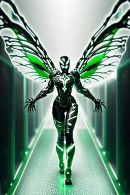 Cyborg symbiote, white color, green color, tendrils, high tech, cyberpunk, biopunk, membrane wings, carbon fiber