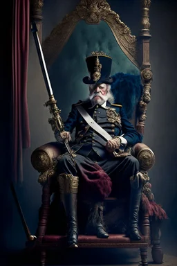 70 years old victorian soldier on a throne with a musket