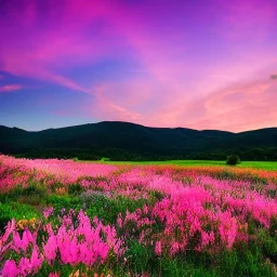 paysage collines roses, coucher de soleil, fleurs