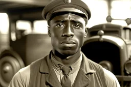 ww1 black driver talking close-up standing up looking to the camera, ww1 garage background