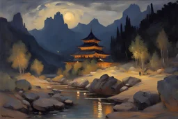 Night, rocks, Caucasian mountains, river, vegetations, dry weeds, carved temple, sand, konstantin korovin impressionism paintings