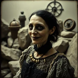 photo, 1920 horror movieshot, rocks, very odd objects in background, Ades, persone con sorriso falso e occhi, Charon, tenebroso, macabro, marcio, interno museo, fiotti di liquido nero che zampillano, hypermaximalist, strangeness, sundial light, odd, intricate, Lawrence Alma-Tadema style, albero, hypnotic, very accentuated details of the dress and skin, eerily mysterious, artistic photo, shot on Hasselblad, sadness, follia, smoke, daguerrotype