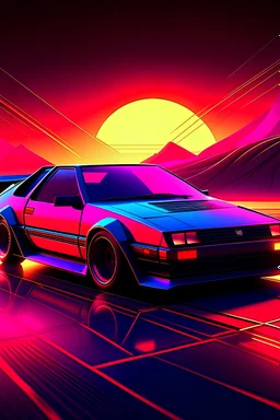 synthwave, car, sun, flat mesh, digital