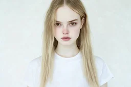 Polaroid, elle fanning, cheveux long séparés au milieu, sans frange, yeux marron, petit nez, t-shirt blanc, fond blanc