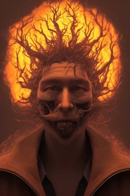 satoshi nakamoto in the bitcoin mining hole, Fire theme art, Dark moody night atmosphere, , 8K, close-up face, anatomically perfect face, oak tree roots, ignore NSFW