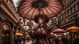 woman standing in a street with a parasol shaped like a mushroom with tentacles, in a steampunk setting