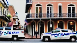 A police Tesla Cybertruck is chasing a Tesla 'Model S Plaid' at top speed, across the 'French Quarter' in New Orleans, Louisiana. CINEMATIC. WIDE ANGLE LENS.