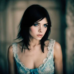 portrait of a 15 year girl with black hair and blue eyes, toned body and haunted expression