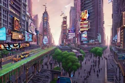 Times Square ,Elevated train,Vignola classicism ,palladio,rooftitles, uphill road building ,Various colourful city,A beautiful,liveable street with beautiful Human scaled,mid raise building,green building,plants,tree,stairs,detailed facades,hyperrealistic,photorealistic,4k,Barcellona