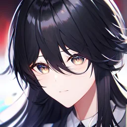 Clear focus, High resolution,floating shiny hair, black streaked hair,black long fluffy hair, choppy cuts hair,hair between eyes, extreme close up