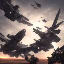 Armored Core fight another Armored Core fly in the sky in the desert with beside the ocean where you can see the space in the sky with twilight on the horizon, 4k resolution