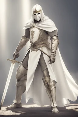 Knight wearing white leather armor and white cape with white face mask, holding a spear