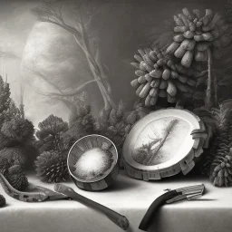 a still life composition like Pieter Claesz. - Graphite drawing, realistic, forest, pinetree, pinecones