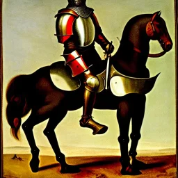 retrato de un caballero medieval con armadura montando a caballo con estilo de Diego Velázquez