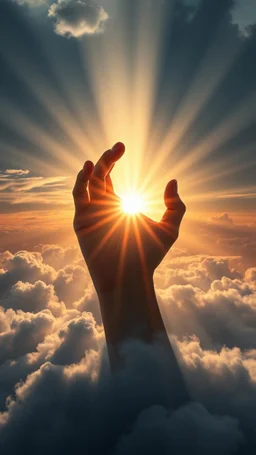 A huge beam of light above swirling clouds, emerges from the heart of a raging storm. Turbulent winds of steam swirl around the sun lit by shafts of sunlight that cast dramatic shadows on the A beautiful hand making a heart shap sign , High quality 16k cinematic scene and great photography