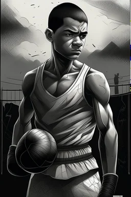 Here's the book cover design reflecting the journey of a young, ex-boxer fighting immigrant with a heavy past and long path of challenges. The design captures his hopeful spirit amidst adversity, portrayed in a modern setting with a black and white color scheme that adds depth and emotion to his character.