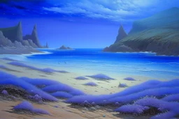 A violet beach near an undersea reef painted by the Limbourg brothers