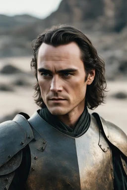 A portrait of Joaquin Phoenix in his early 30s, long beachy haircut, black hair, on a rocky island, in burnished medieval samurai armor, melancholic and dangerous facial expression, half-smiling