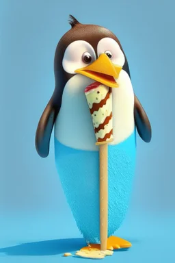 Cartoon character penguin eating ice cream lolly stick